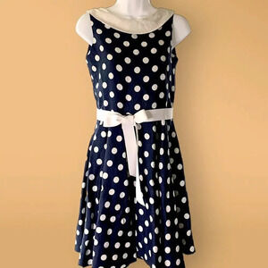 Susanne Lively 100% Linen Girls 14 Polka Dot Fit & Flare Dress Retro Navy White